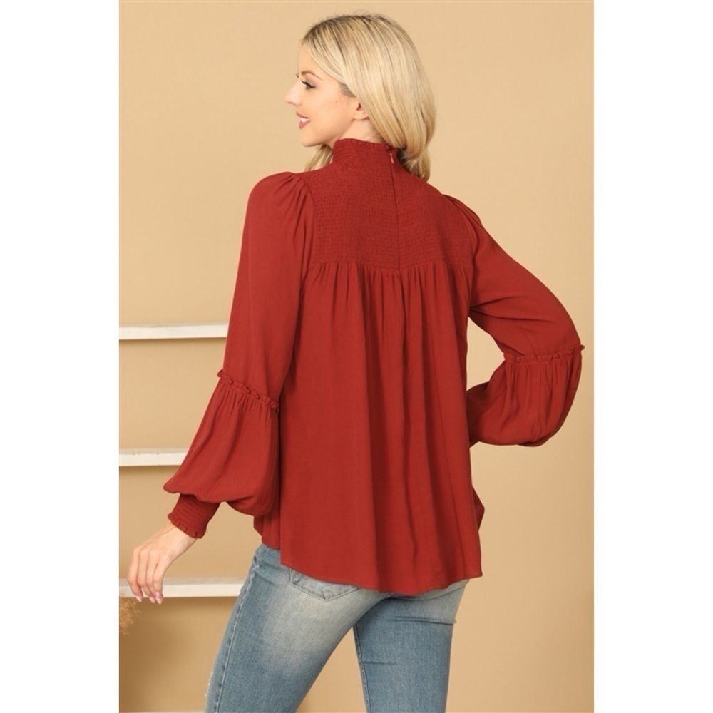 LAST 1! BRICK SHIRRED HIGH OVERSIZED NECK PUFF SLEEVE SOLID TOP! - Picture 5 of 6